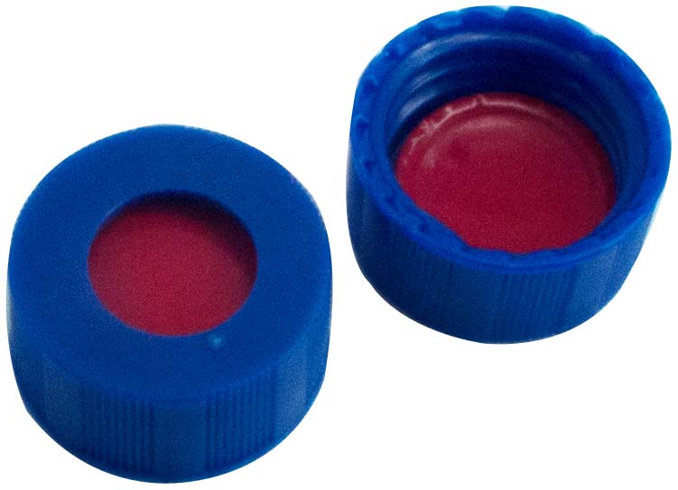 9mm  PP Kurzgewindekappe, (R-Line), blau, mit Loch; ; Silikon rot-orange/PTFE farblos, 45°shore A, 1,0mm, Packung mit 100 Stück