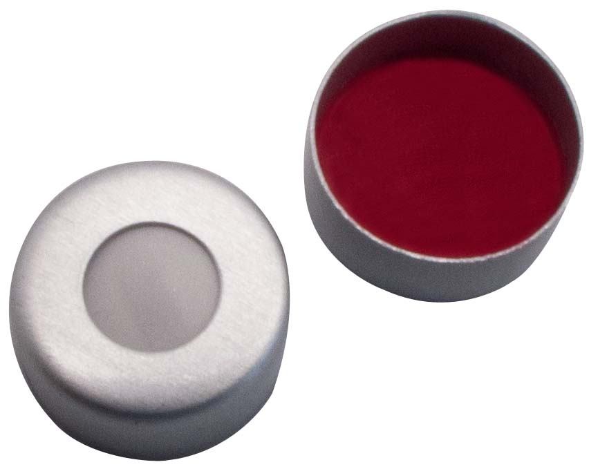 UltraClean Verschluss: 11mm Aluminium Bördelkappe, farblos lackiert, mit Loch; Silicon weiß/PTFE rot, 45° shore A, 1,0mm, geschlitzt, Packung mit 100 Stück